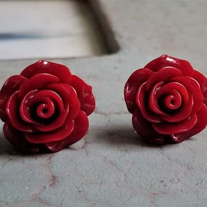 Red rose earrings, Flower stud earrings, S925 earrings, Sterling silver post earring, Sterling Silver Back, Christmas earrings image 9