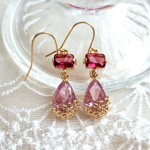 Pink crystal drop earrings, Rose pink drop earrings, Bridal earrings, Earrings gifts, Pink and gold earrings, Pink lovers jewelry