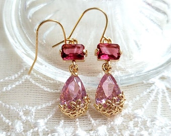 Pink crystal drop earrings, Rose pink drop earrings, Bridal earrings, Earrings gifts, Pink and gold earrings, Pink lovers jewelry