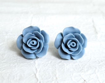 Dusty blue flower earrings, Large Flower stud earrings, Blue rose earrings gift, S925 earring,s Sterling silver post, Shabby chic earrings