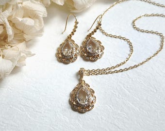 Teardrop CZ Earrings and Necklace Set, Gold Plated Bridal Jewelry