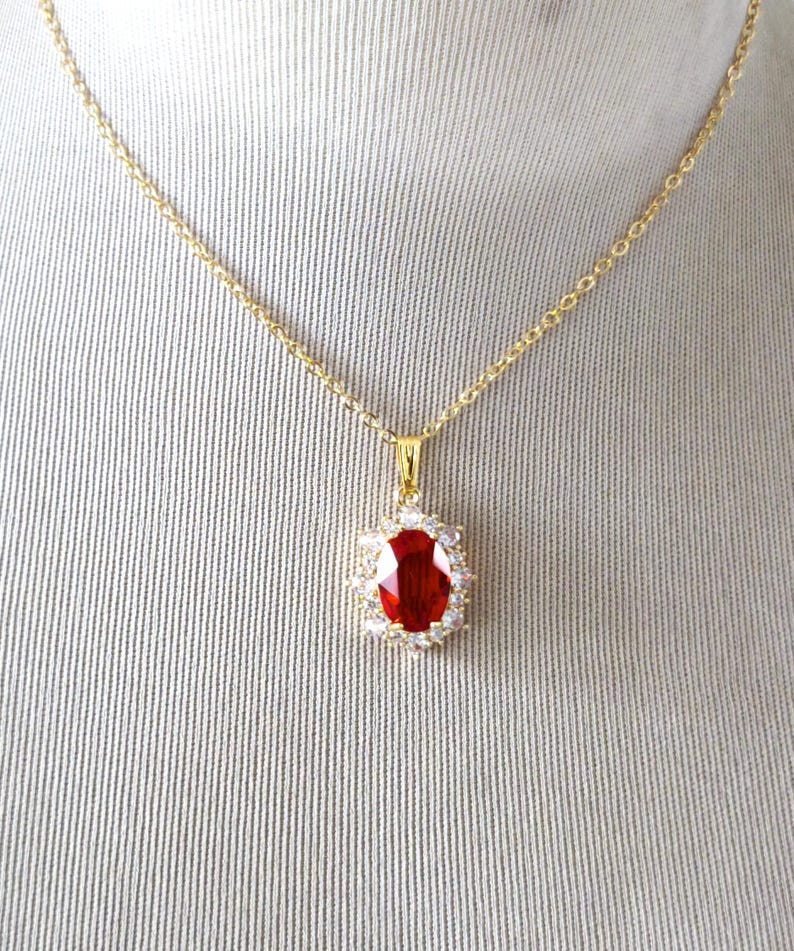 Red Crystal Drop Earrings, Gold Plated CZ Halo, Bridal Jewelry image 5