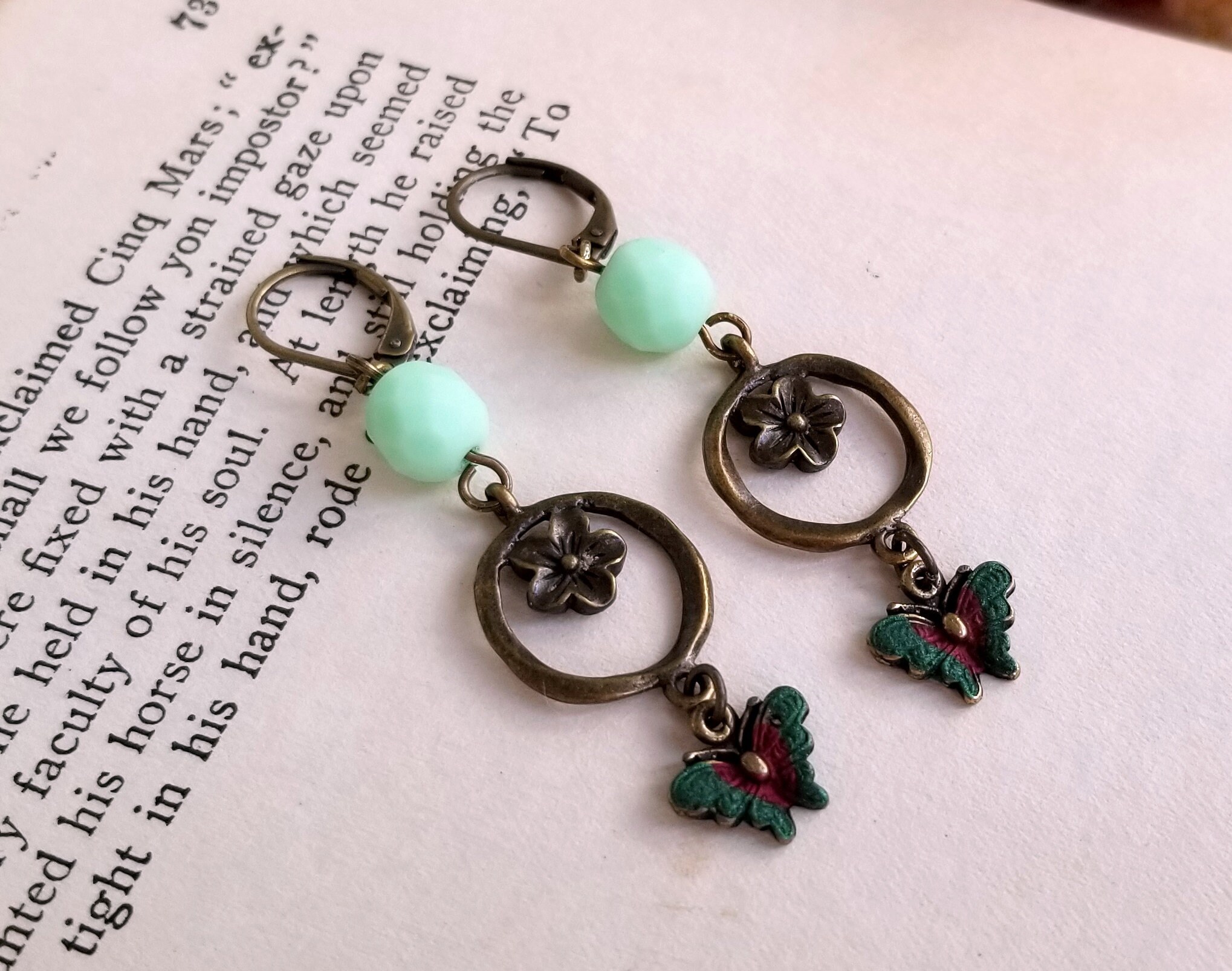 Mint Green Czech Glass Earrings, Rustic Butterfly Boho Earrings - Etsy