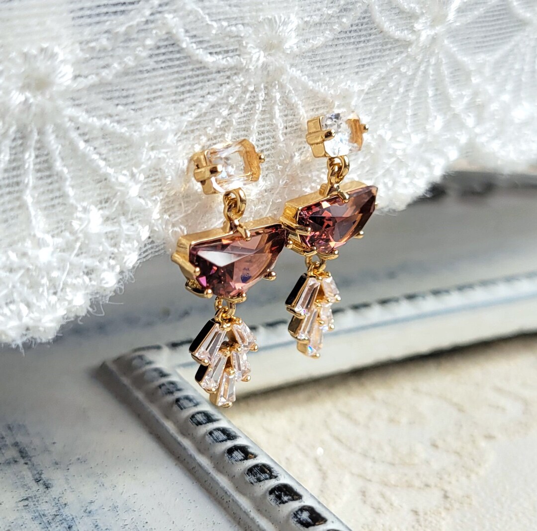 Burgundy Drop Earrings, 925 Sterling Silver Pin, CZ Drop Earrings, Art ...