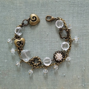 Rustic crystal bracelet, Vintage inspired bracelet, Boho bracelet, Double chain bracelet, Crystal charm bracelet gift, Boho lover&#39;s jewelry