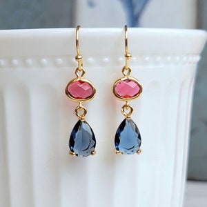 Navy blue drop earrings, Pink and blue dainty dangling earrings, Cute earrings gift for her, Prom party earrings, Everyday crystal earring