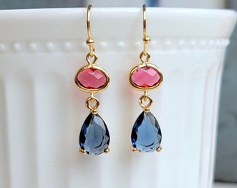 Navy blue drop earrings, Pink and blue dainty dangling earrings, Cute earrings gift for her, Prom party earrings, Everyday crystal earring