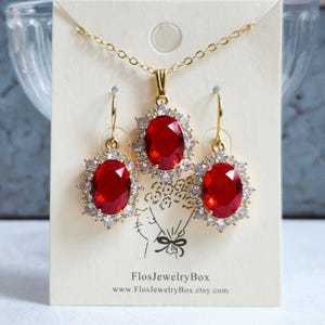 Red Crystal Drop Earrings, Gold Plated CZ Halo, Bridal Jewelry image 2