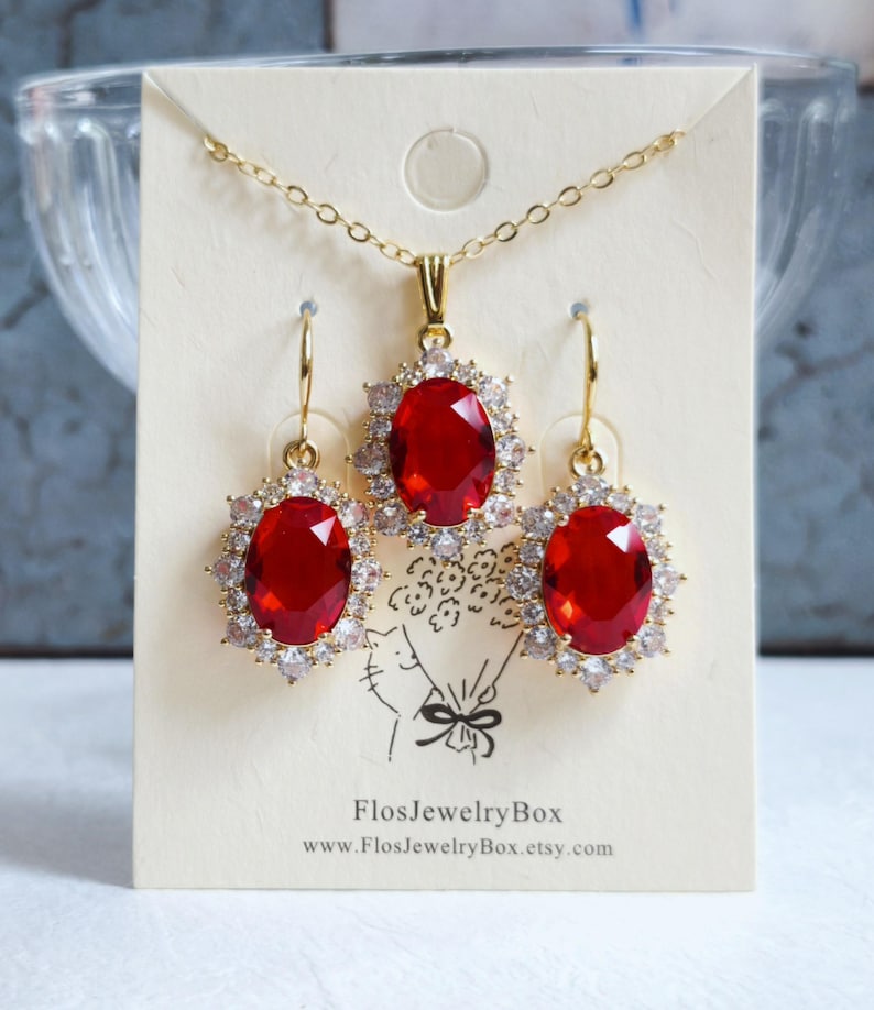 Red Crystal Drop Earrings, Gold Plated CZ Halo, Bridal Jewelry image 2