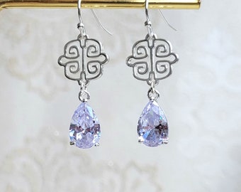 Cubic zirconia drop earrings with hint of light blue, Silver filigree earrings, Simple clear drop earrings, Dainty silver earrings