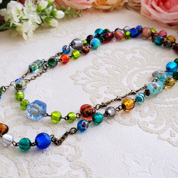 Multi colors beaded necklace, Long glass bead necklace, Lampwork bead necklace, Beaded necklace, Festival necklace, Boho beaded necklace