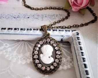 Victorian Lady Cameo Pendant Necklace, Rhinestone Bezel, Bronze Chain
