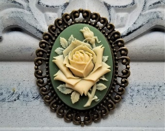 Rose cameo brooch, Floral cameo brooch, Cameo brooch, Rose cameo, Antique inspired cameo brooch, Olive green cameo brooch