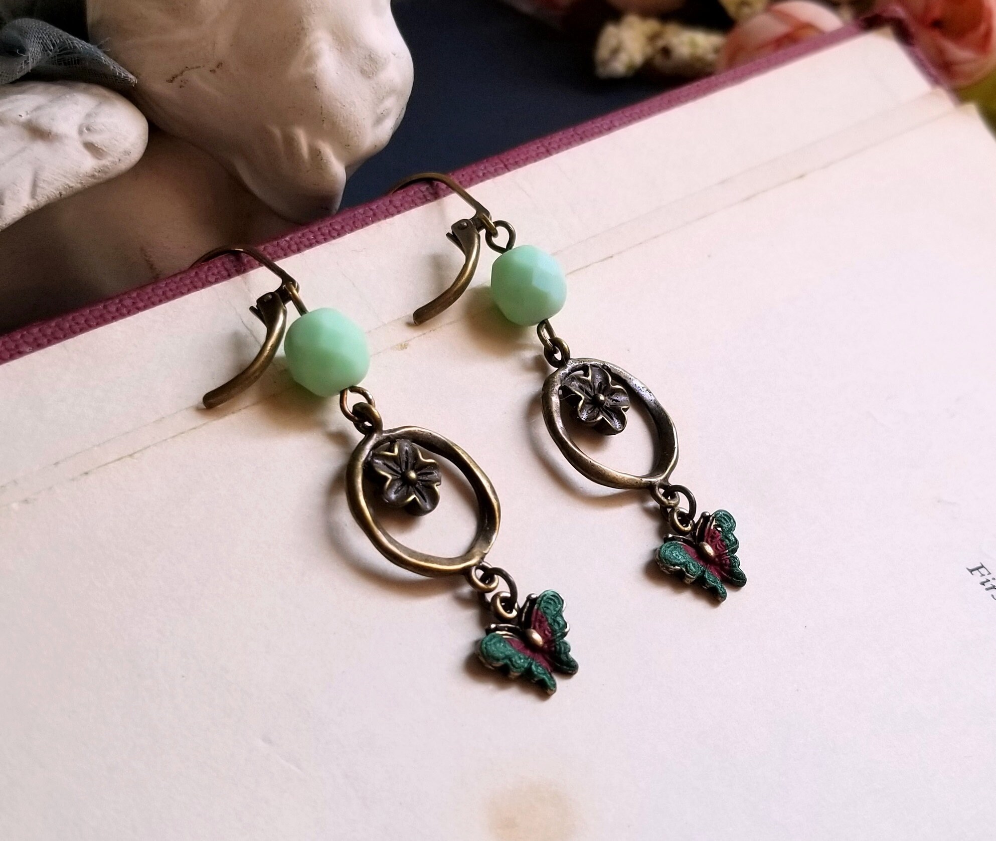 Mint Green Czech Glass Earrings, Rustic Butterfly Boho Earrings - Etsy