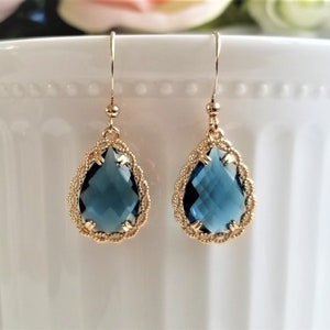 Navy blue drop earrings, Teardrop earrings, Bridal earrings, Blue and gold earrings, Wedding earrings, Something blue, Simple drop earrings image 1