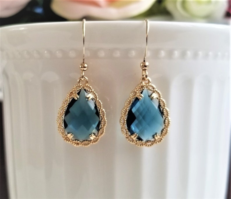 Navy blue drop earrings, Teardrop earrings, Bridal earrings, Blue and gold earrings, Wedding earrings, Something blue, Simple drop earrings image 1