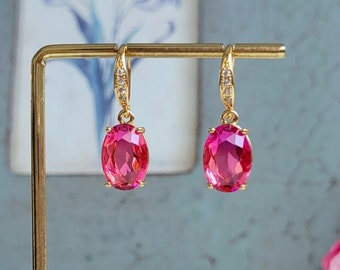 Fuchsia pink drop earrings, Simple drop earrings, Pink and gold earrings, Wedding earrings, CZ ear wire, Cubic Zirconia ear wire earrings