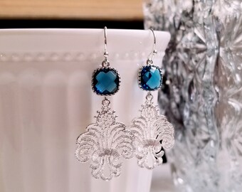 Blue crystal Silver filigree earrings - Wedding Jewelry Bridal Earrings, Blue crystal Classic Silver Chandelier Earrings Baroque lace