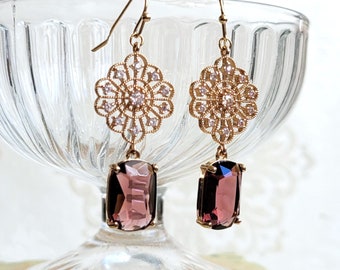 Burgundy drop earrings, Geometric gold filigree earrings, Wedding and bridal baroque lace earrings, Gold and burgundy rectangular earrings