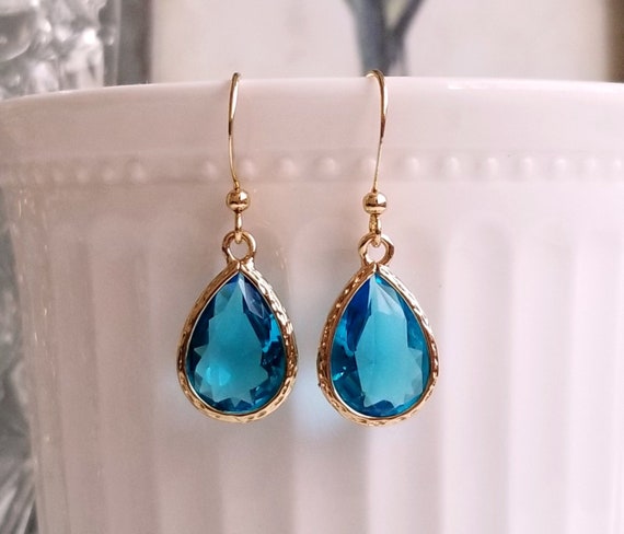 Aquamarine Drop Earrings Blue Zircon Earrings Birthstone Jewelry