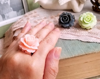 Flower ring, Adjustable ring, Shabby chic ring, Baby pink flower ring, Mint green Charcoal grey, Flower jewelry, Ring gift under 10