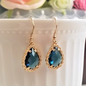 Navy blue drop earrings, Teardrop earrings, Bridal earrings, Blue and gold earrings, Wedding earrings, Something blue, Simple drop earrings image 8