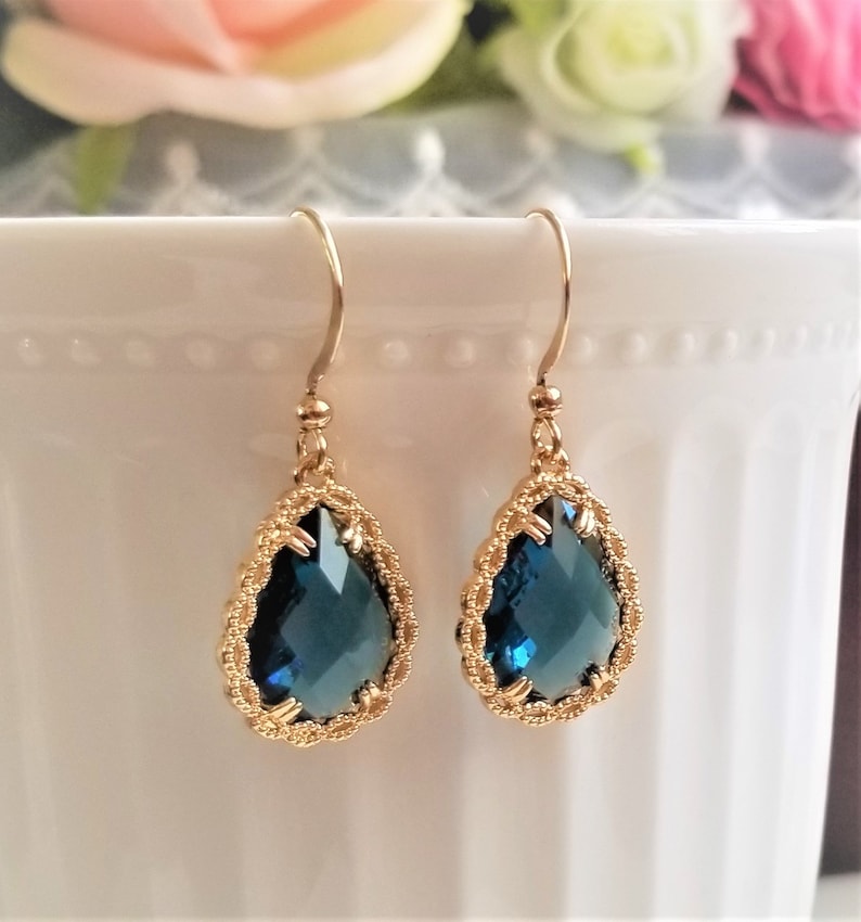Navy blue drop earrings, Teardrop earrings, Bridal earrings, Blue and gold earrings, Wedding earrings, Something blue, Simple drop earrings image 8