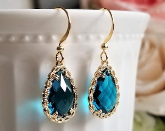 Teal crystal earrings, Teardrop earrings, Bridal earrings, Crystals and gold earrings, Wedding earrings, Teal earrings, Teal drop necklace