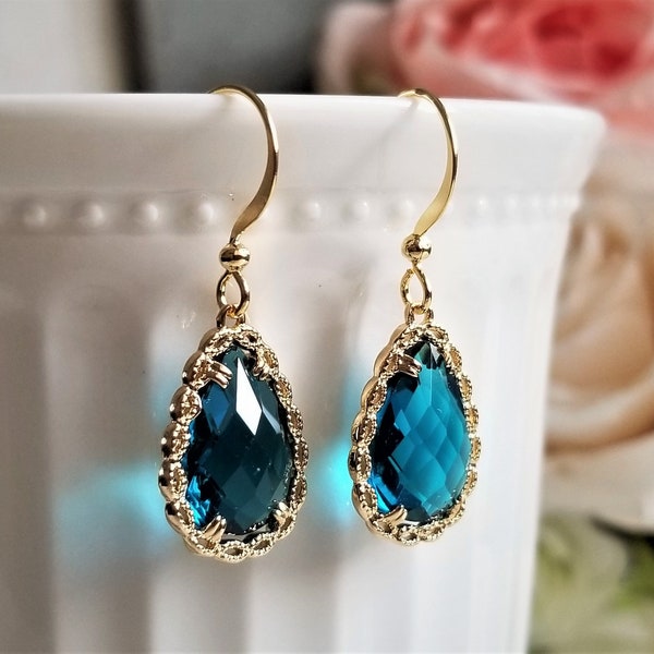 Teal crystal earrings, Teardrop earrings, Bridal earrings, Crystals and gold earrings, Wedding earrings, Teal earrings, Teal drop necklace