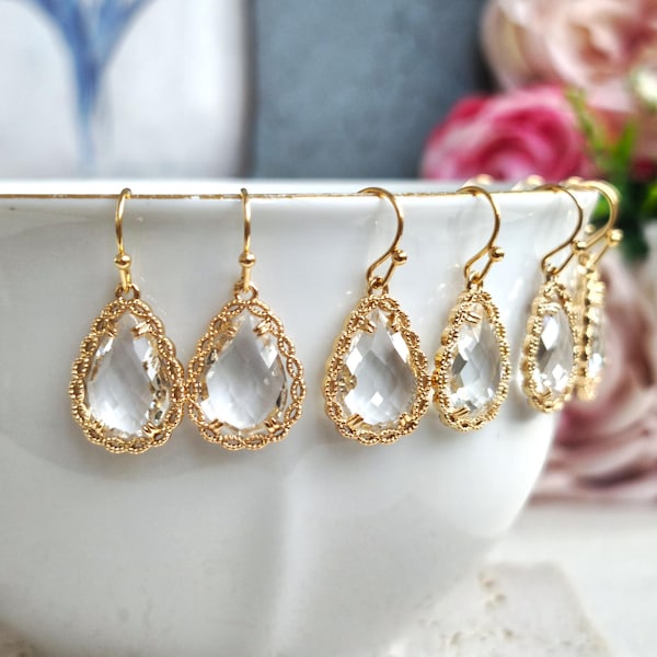 Crystal Teardrop Earrings, Gold Lace Frame, Bridal Jewelry Set, Bridemaids earrings