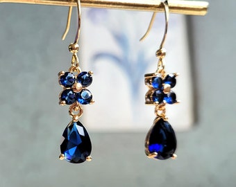 Navy blue crystal drop earrings, Small blue teardrop earrings, Blue flower CZ earrings, Bridal earrings, Dainty blue earrings, Gift for her