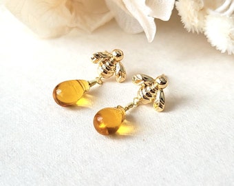 Bee earrings, Sterling silver Czech glass drop earrings, Honey bee stud gold earring, S925 post Bumble bee honey drop earring, Earring gifts