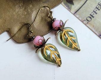 Czech glass earrings, Leaf earrings, Shabby chic earrings, Boho earrings, Czech glass pink and olive green