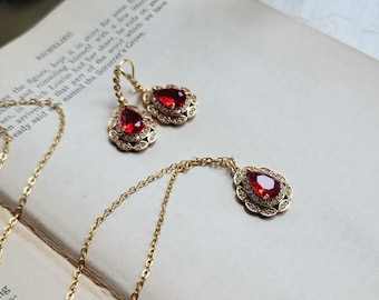 Ruby drop earrings, Red drop pendant necklace, Red teardrop jewelry, Bridal ruby and CZ earrings, Red glass drop earrings and necklace set