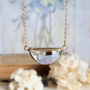 Half moon pendant necklace, Clear glass half circle pendant with gold chain, Dainty pendant gold necklace, Necklace gift, Layering necklace