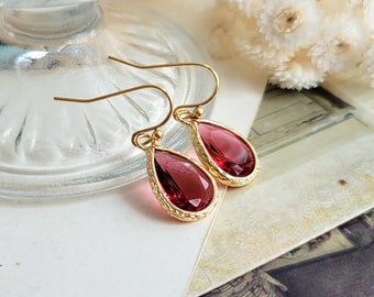 Burgundy drop earrings,  Simple drop earrings, Red and gold earrings, Wedding earrings, Burgundy and gold earrings, Strawberry red drop