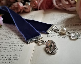 Navy Velvet Ribbon Bookmark with Silver Locket & Crystal Charm