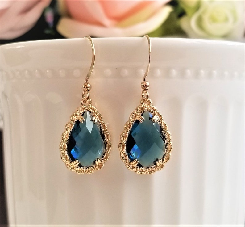 Navy blue drop earrings, Teardrop earrings, Bridal earrings, Blue and gold earrings, Wedding earrings, Something blue, Simple drop earrings image 6