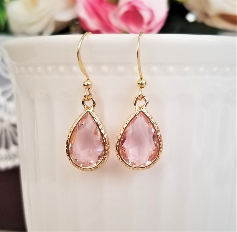 Pink drop earrings Pink crystal earrings Bridal earrings Crystals and gold earrings Wedding earrings Pink and gold earrings Gift for her zdjęcie 2