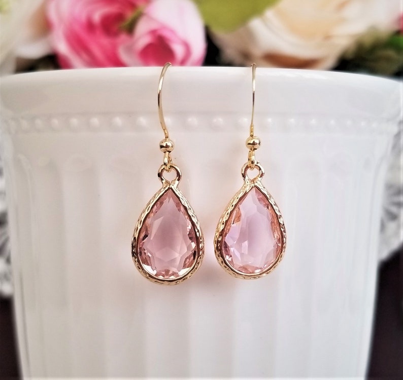 Pink drop earrings Pink crystal earrings Bridal earrings Crystals and gold earrings Wedding earrings Pink and gold earrings Gift for her zdjęcie 4