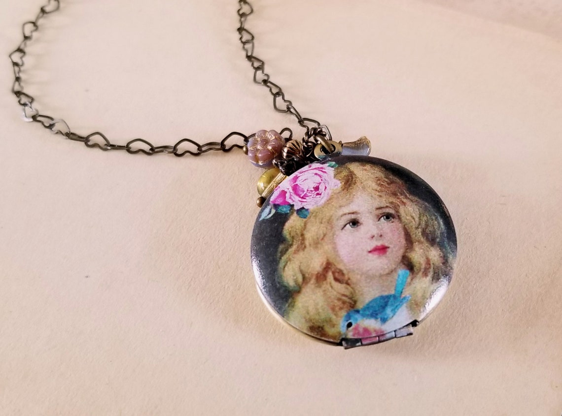 Little Girl Portrait Locket Czech Glass and Locket Pendant Etsy