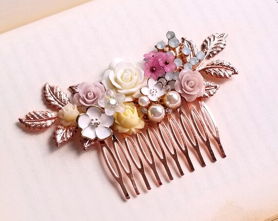 Vintage Chic Floral motif Hair Comb with Pink Rhinestones and Gold Accents Pink Crystal Rhinestone Flower Hair Comb, Victorian Hair  main image 3