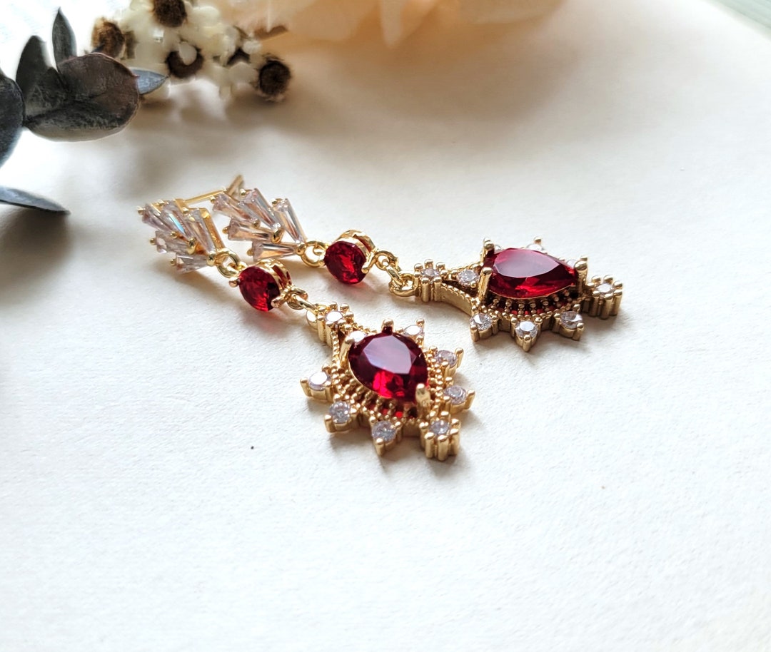 Ruby Dangle Earrings Art Deco Red Crystal Earrings CZ Stones Vintage