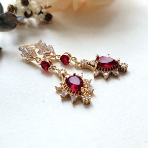 Rubin baumeln Ohrringe Art Deco rotem Kristall CZ Steine Halskette, zauberhafte rote Braut Schmuckset, Gold und roter Kristall Tropfen S925 Post