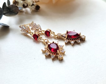 Ruby dangle earrings Art Deco red crystal earrings CZ stones Vintage inspired red drop bridal earrings Gold and red crystal drop S925 post