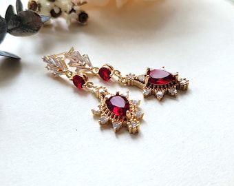 Ruby dangle earrings Art Deco red crystal CZ stones necklace, Glamorous red bridal jewelry set, Gold and red crystal drop S925 post