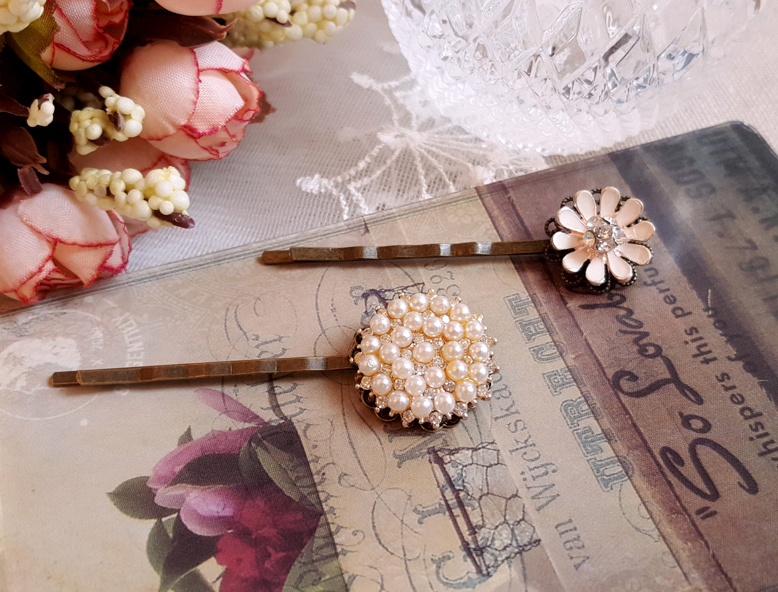 Pearl Rhinestone Bobby Pins, Enamel Flower Hair Pins (set of  display picture 2