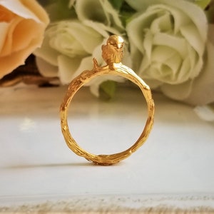 Bird ring, Bird on branch ring, Bird on twig ring, Adjustable ring, Matte gold ring, Gift under 10
