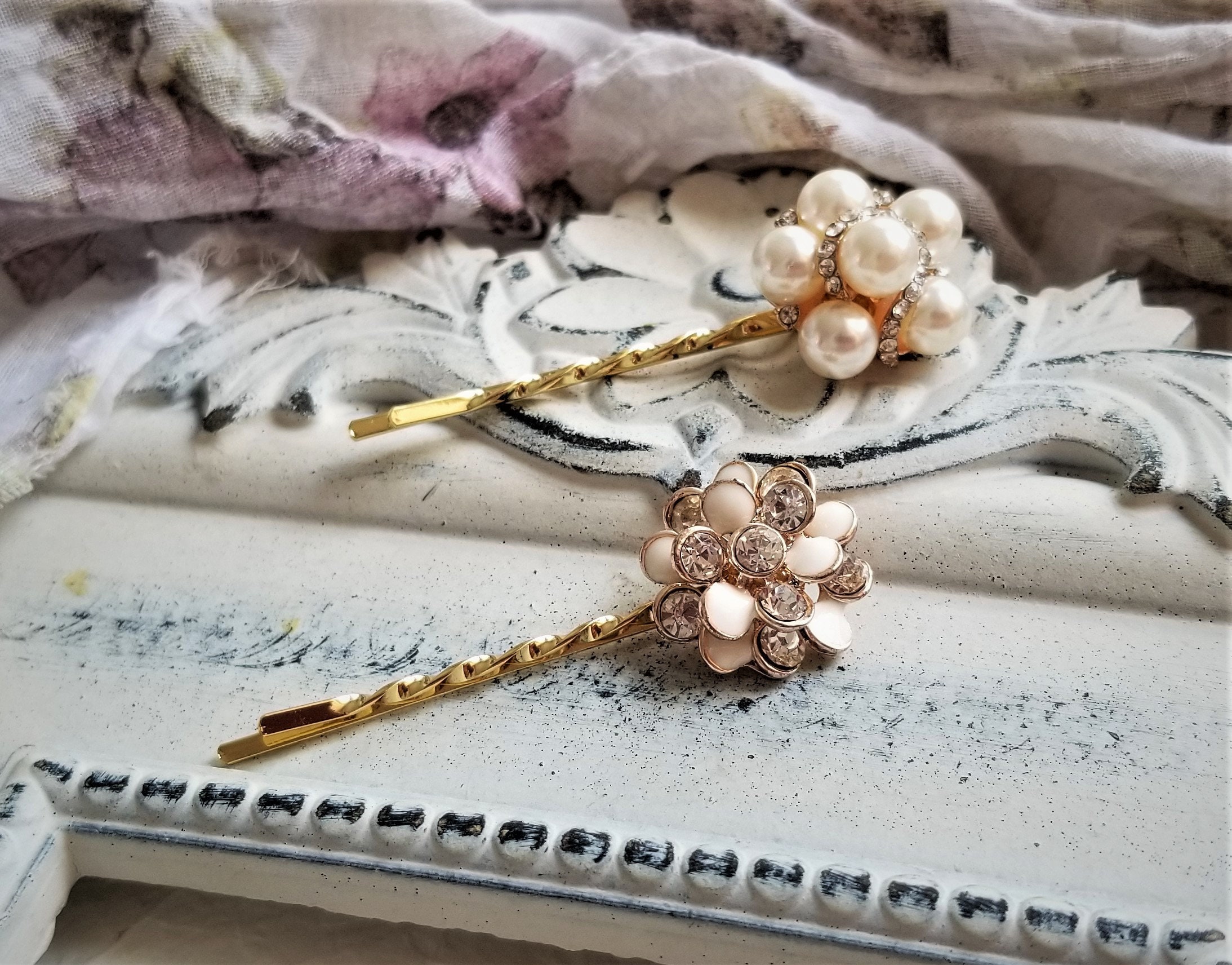 Beautiful, brand-new rose, gold and pearl/rhinestone, detailed bobby pins ? Pearl and Rhinestone Flower Bobby Pin, Bridal Hair Accessory  main image 3