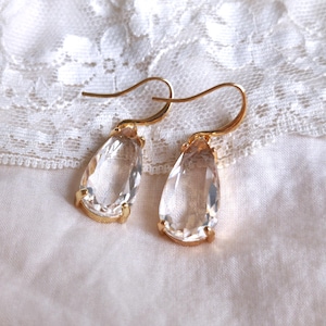 Gold Teardrop Earring Gift for Her Large Glass Drop Earring Simple Glass Drop Bridal Earring Crystal Clear Sparkle Jewelry Evening Wear